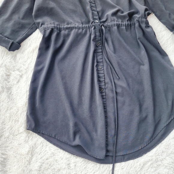 Black Button Front Drawstring Waist Shirt Dress‎ - Picture 3 of 6